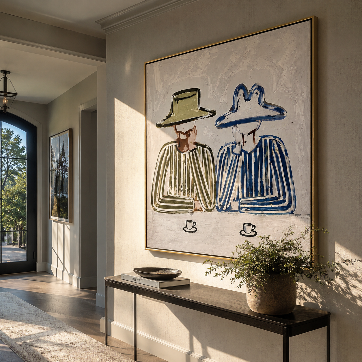 Blue Brim Shares Coffee - striped coffee pair painting by Elliot Vale, modern figurative square wall art - styled room scene view 4