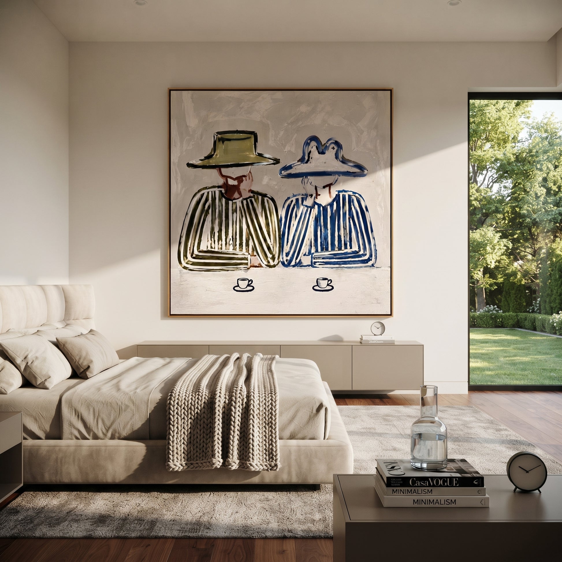 Blue Brim Shares Coffee - striped coffee pair painting by Elliot Vale, modern figurative square wall art - styled room scene view 5