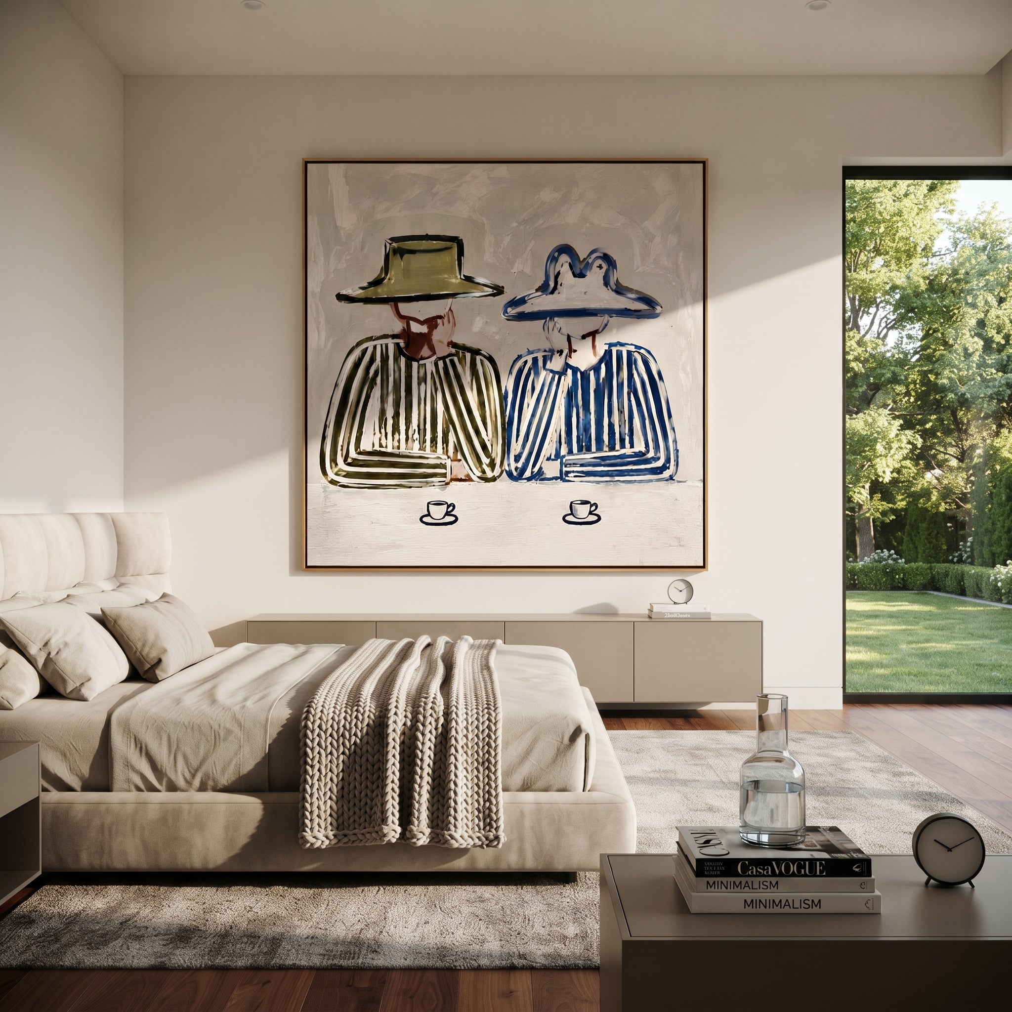Blue Brim Shares Coffee - striped coffee pair painting by Elliot Vale, modern figurative square wall art - styled room scene view 5