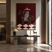 Martini Rides Through Burgundy - horseback cocktail woman painting by Elliot Vale, modern figurative vertical wall art - styled room scene view 1