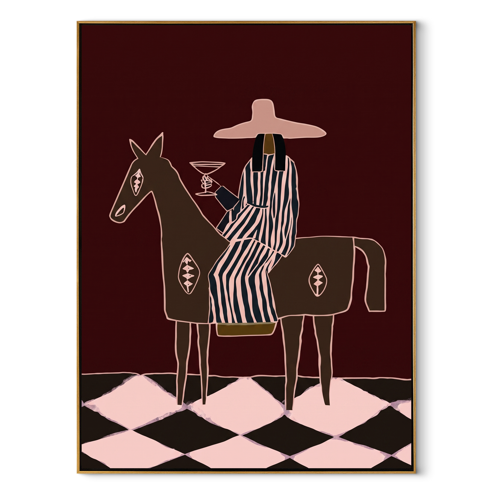 Martini Rides Through Burgundy - horseback cocktail woman painting by Elliot Vale, modern figurative vertical wall art - wood frame on white background