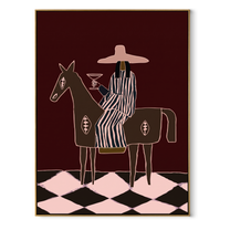 Martini Rides Through Burgundy - horseback cocktail woman painting by Elliot Vale, modern figurative vertical wall art - wood frame on white background