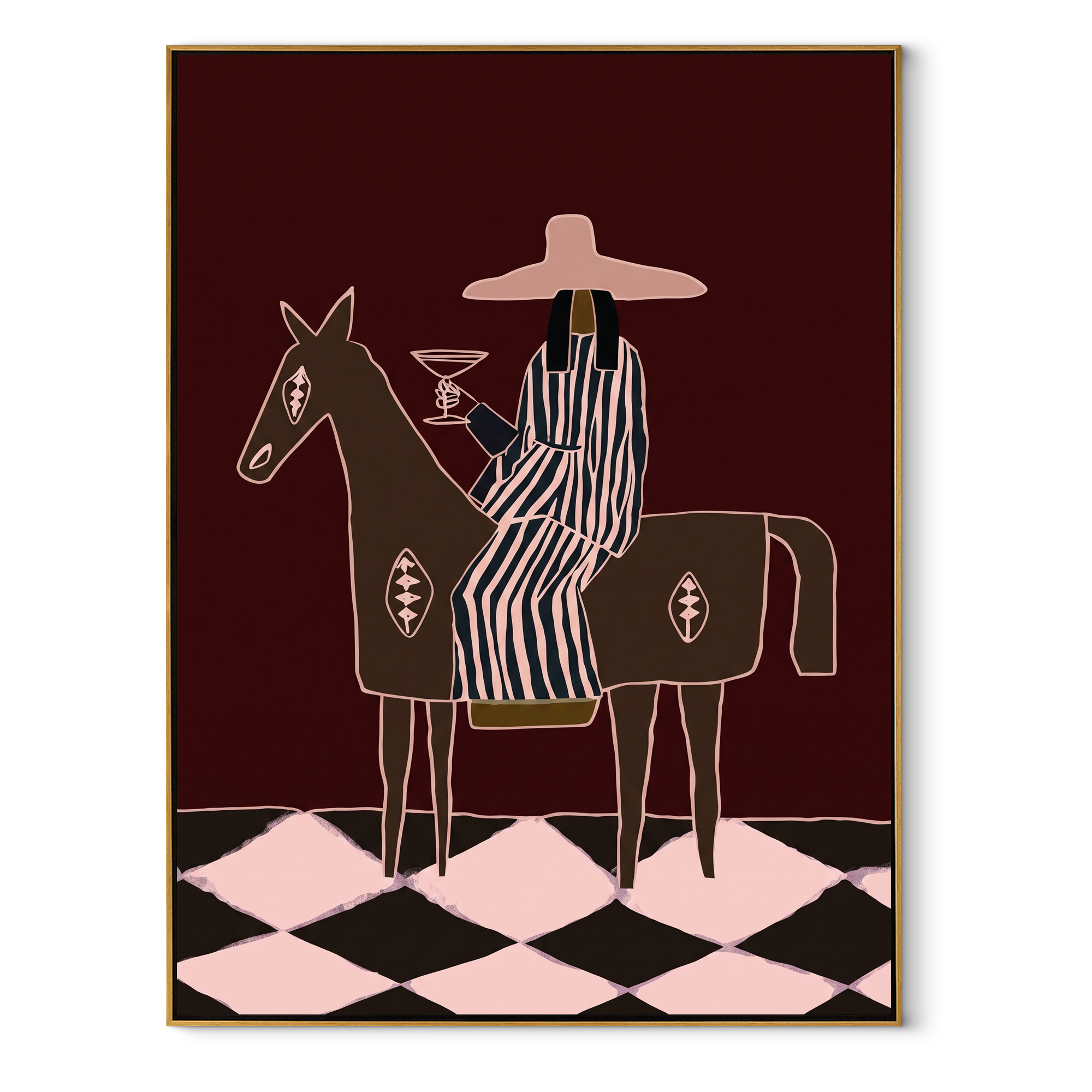 Martini Rides Through Burgundy - horseback cocktail woman painting by Elliot Vale, modern figurative vertical wall art - wood frame on white background