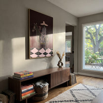 Martini Rides Through Burgundy - horseback cocktail woman painting by Elliot Vale, modern figurative vertical wall art - styled room scene view 2