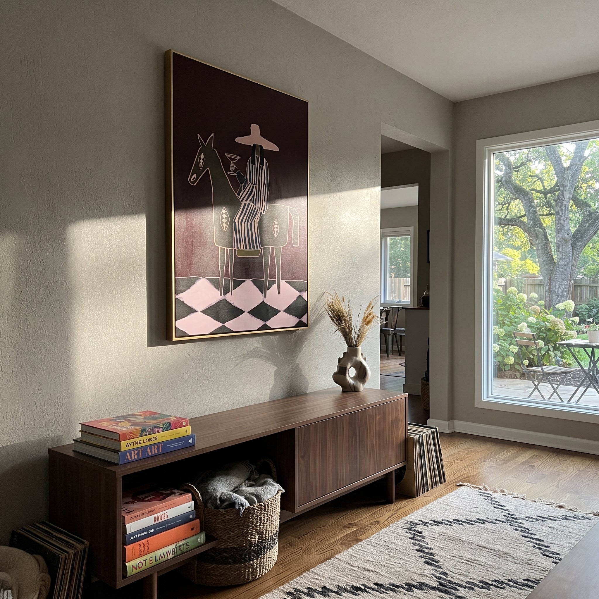 Martini Rides Through Burgundy - horseback cocktail woman painting by Elliot Vale, modern figurative vertical wall art - styled room scene view 2