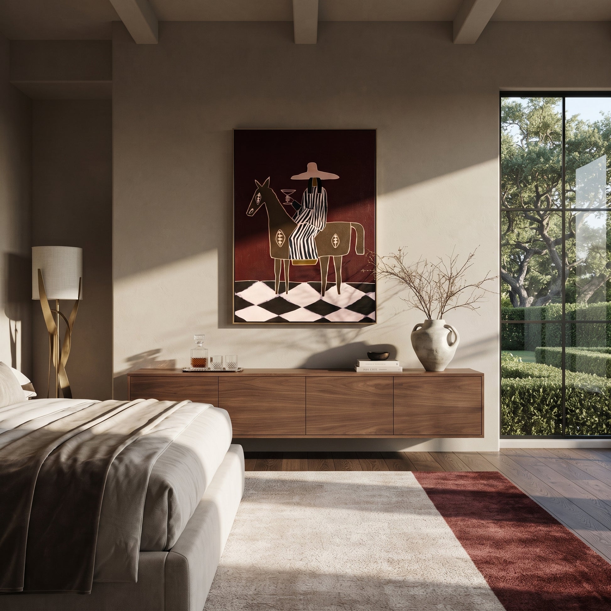 Martini Rides Through Burgundy - horseback cocktail woman painting by Elliot Vale, modern figurative vertical wall art - styled room scene view 3