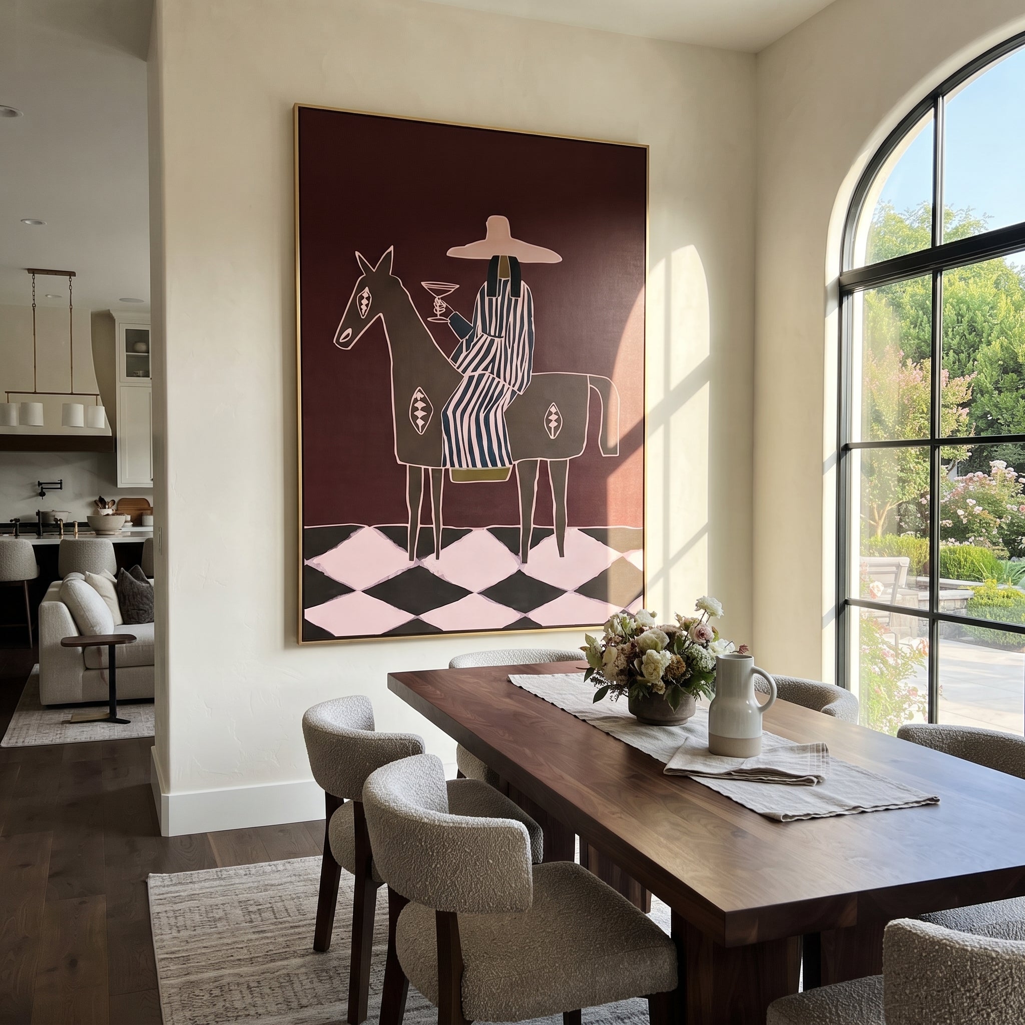 Martini Rides Through Burgundy - horseback cocktail woman painting by Elliot Vale, modern figurative vertical wall art - styled room scene view 4