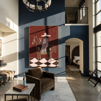 Martini Rides Through Burgundy - horseback cocktail woman painting by Elliot Vale, modern figurative vertical wall art - styled room scene view 5