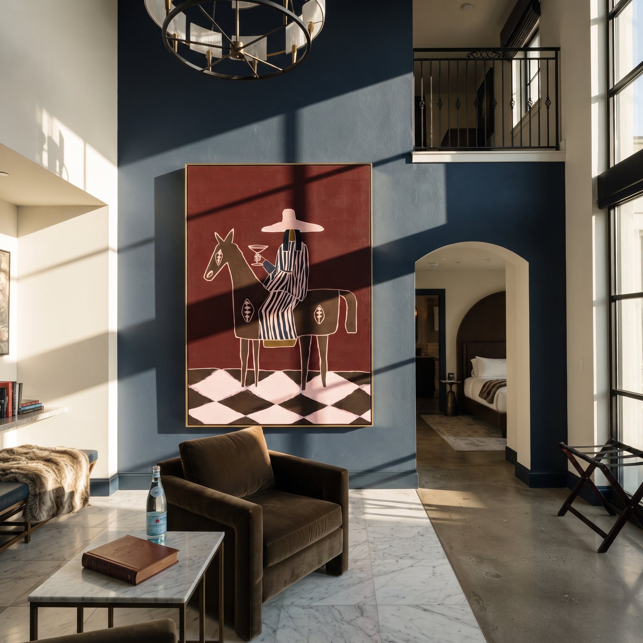 Martini Rides Through Burgundy - horseback cocktail woman painting by Elliot Vale, modern figurative vertical wall art - styled room scene view 5