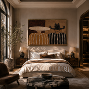 Pale Hat Meets Black - neutral striped figure pair painting by Elliot Vale, modern figurative horizontal wall art - styled room scene view 1