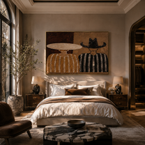 Pale Hat Meets Black - neutral striped figure pair painting by Elliot Vale, modern figurative horizontal wall art - styled room scene view 1