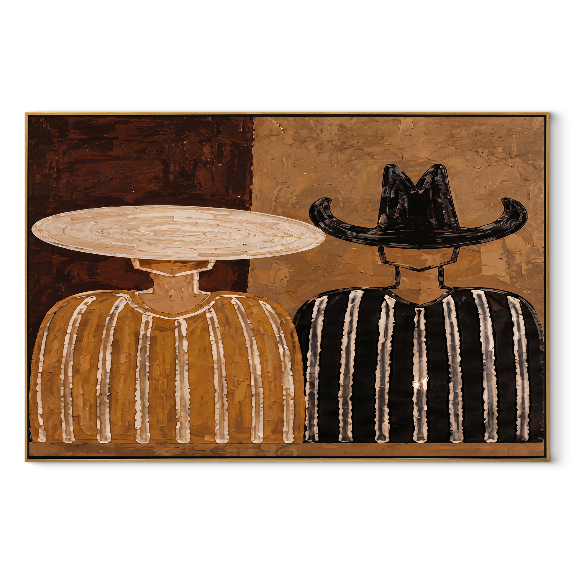 Pale Hat Meets Black - neutral striped figure pair painting by Elliot Vale, modern figurative horizontal wall art - wood frame on white background