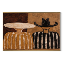 Pale Hat Meets Black - neutral striped figure pair painting by Elliot Vale, modern figurative horizontal wall art - wood frame on white background