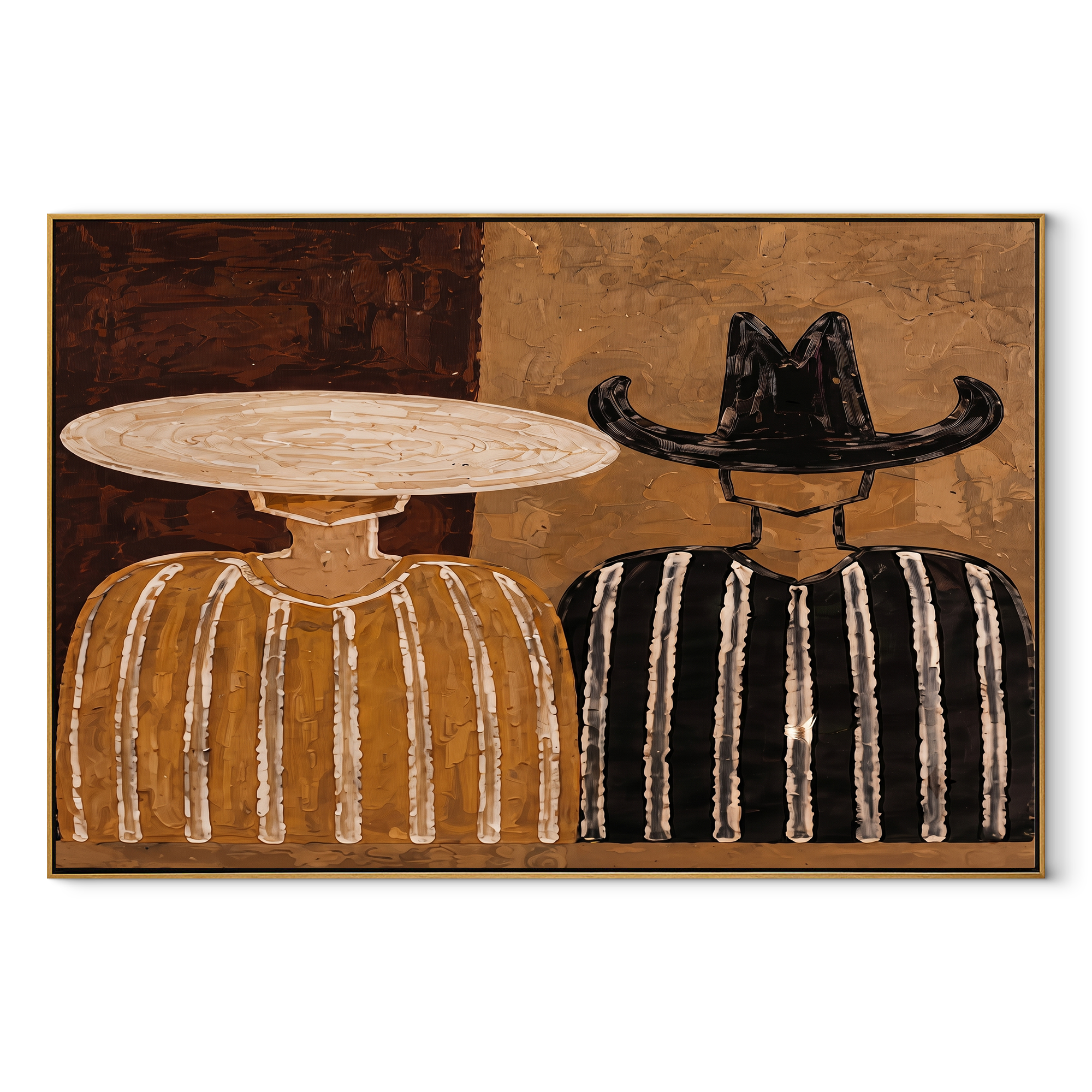 Pale Hat Meets Black - neutral striped figure pair painting by Elliot Vale, modern figurative horizontal wall art - wood frame on white background