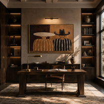 Pale Hat Meets Black - neutral striped figure pair painting by Elliot Vale, modern figurative horizontal wall art - styled room scene view 2