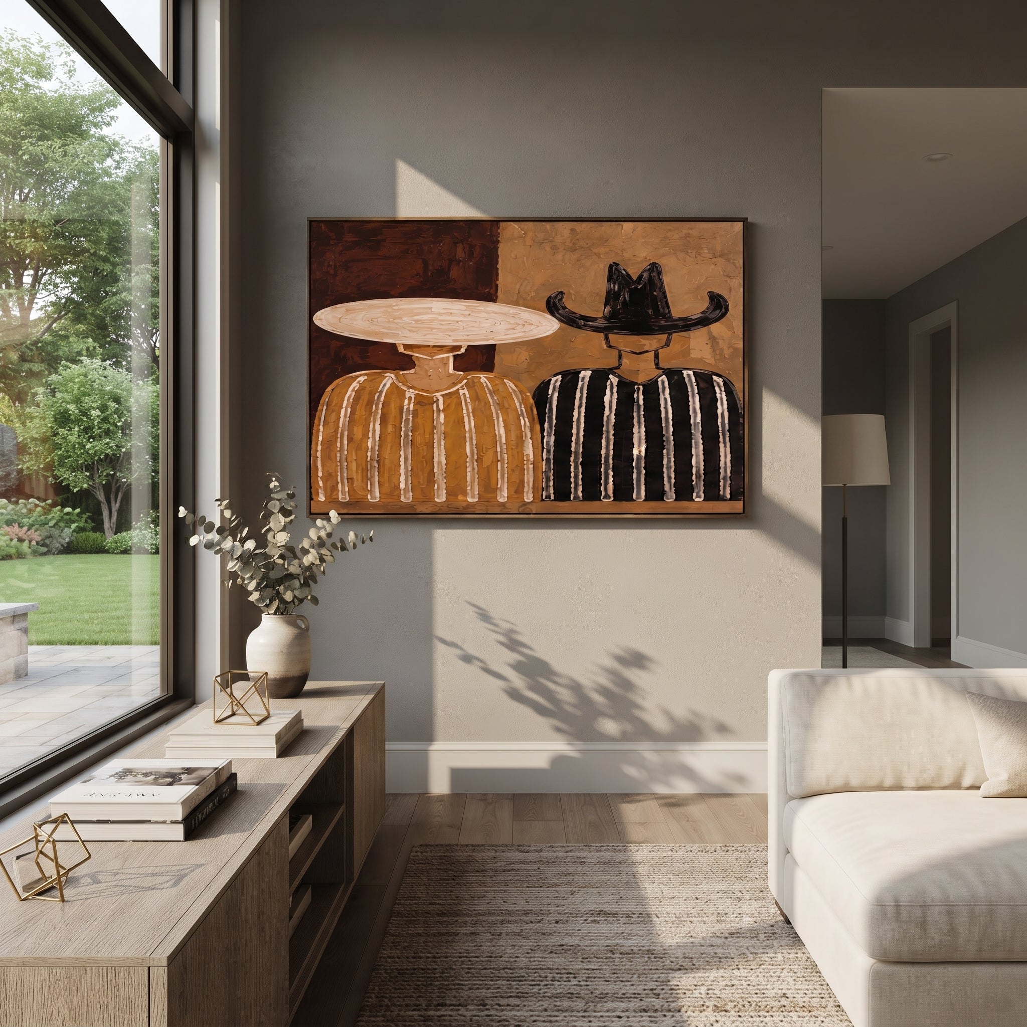 Pale Hat Meets Black - neutral striped figure pair painting by Elliot Vale, modern figurative horizontal wall art - styled room scene view 3