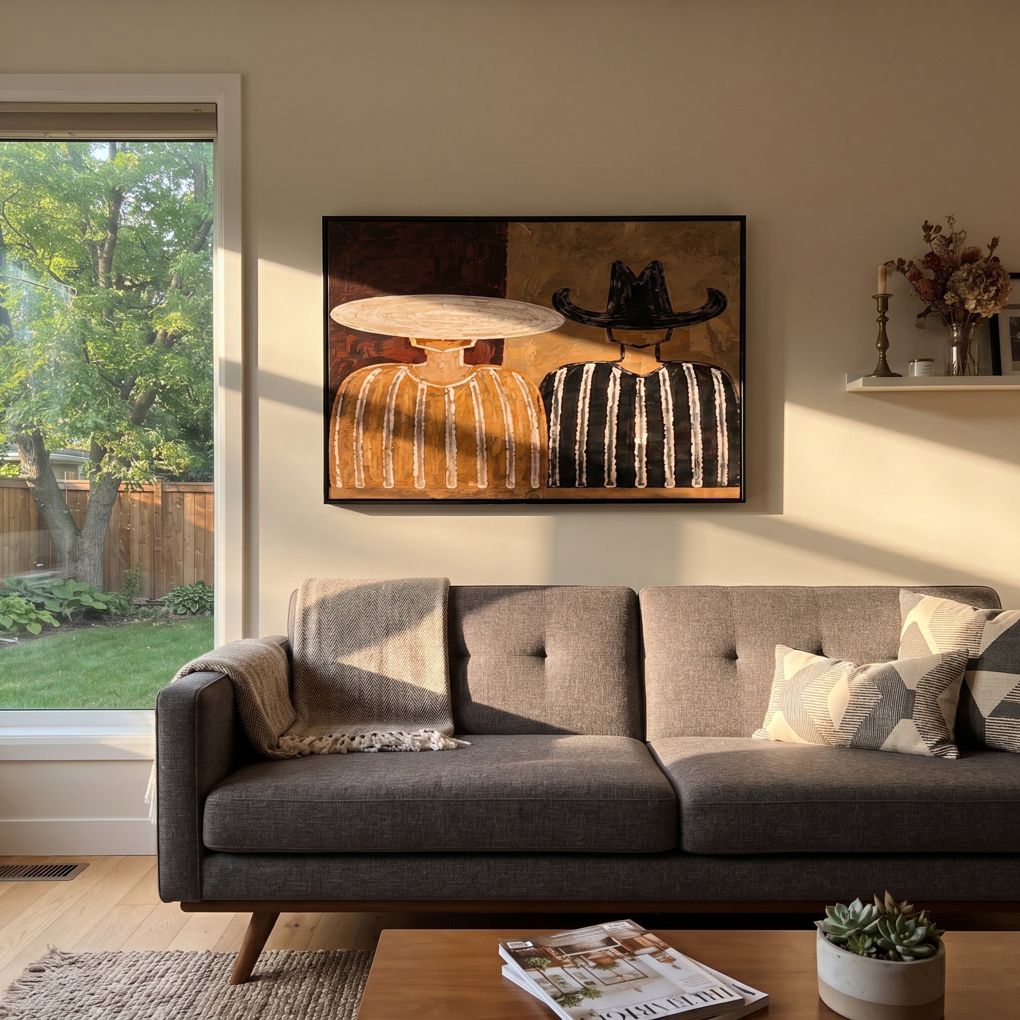 Pale Hat Meets Black - neutral striped figure pair painting by Elliot Vale, modern figurative horizontal wall art - styled room scene view 4