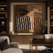 Two Shadows Trade Hats - earth tone figure pair painting by Elliot Vale, modern figurative square wall art - styled room scene view 1