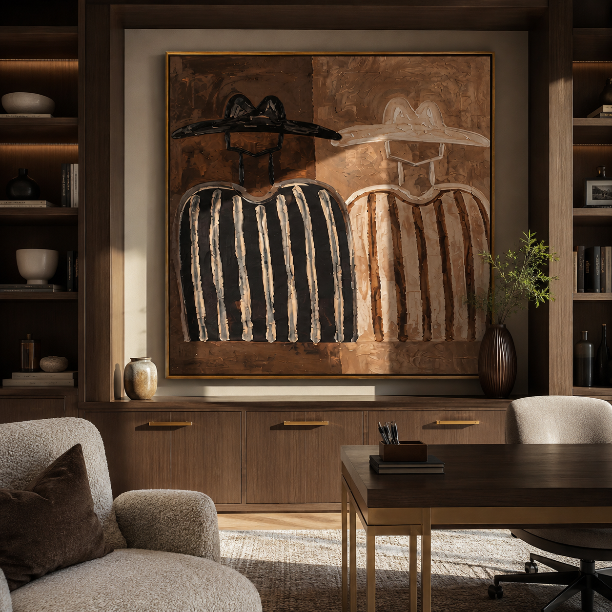Two Shadows Trade Hats - earth tone figure pair painting by Elliot Vale, modern figurative square wall art - styled room scene view 1