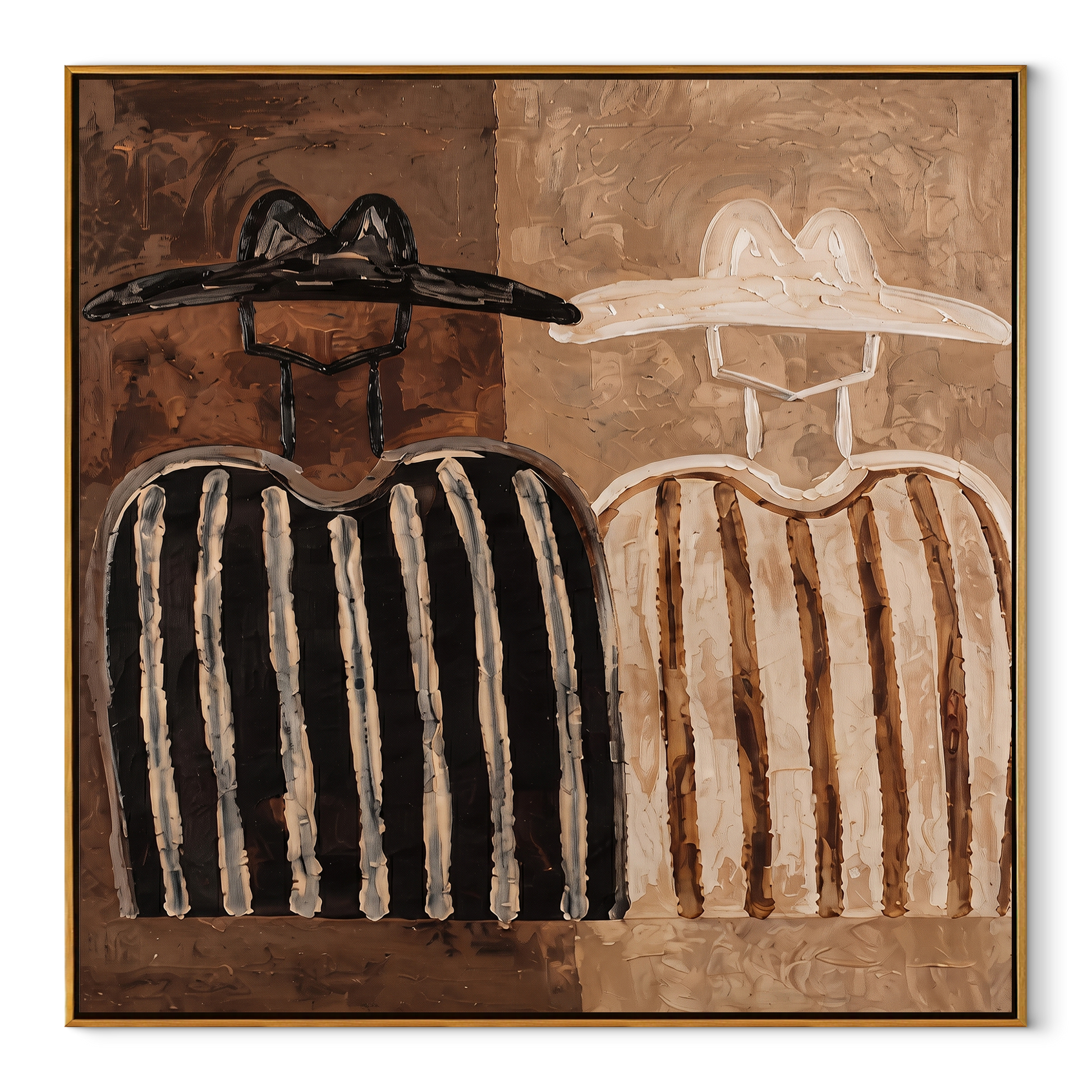 Two Shadows Trade Hats - earth tone figure pair painting by Elliot Vale, modern figurative square wall art - wood frame on white background