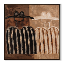 Two Shadows Trade Hats - earth tone figure pair painting by Elliot Vale, modern figurative square wall art - wood frame on white background