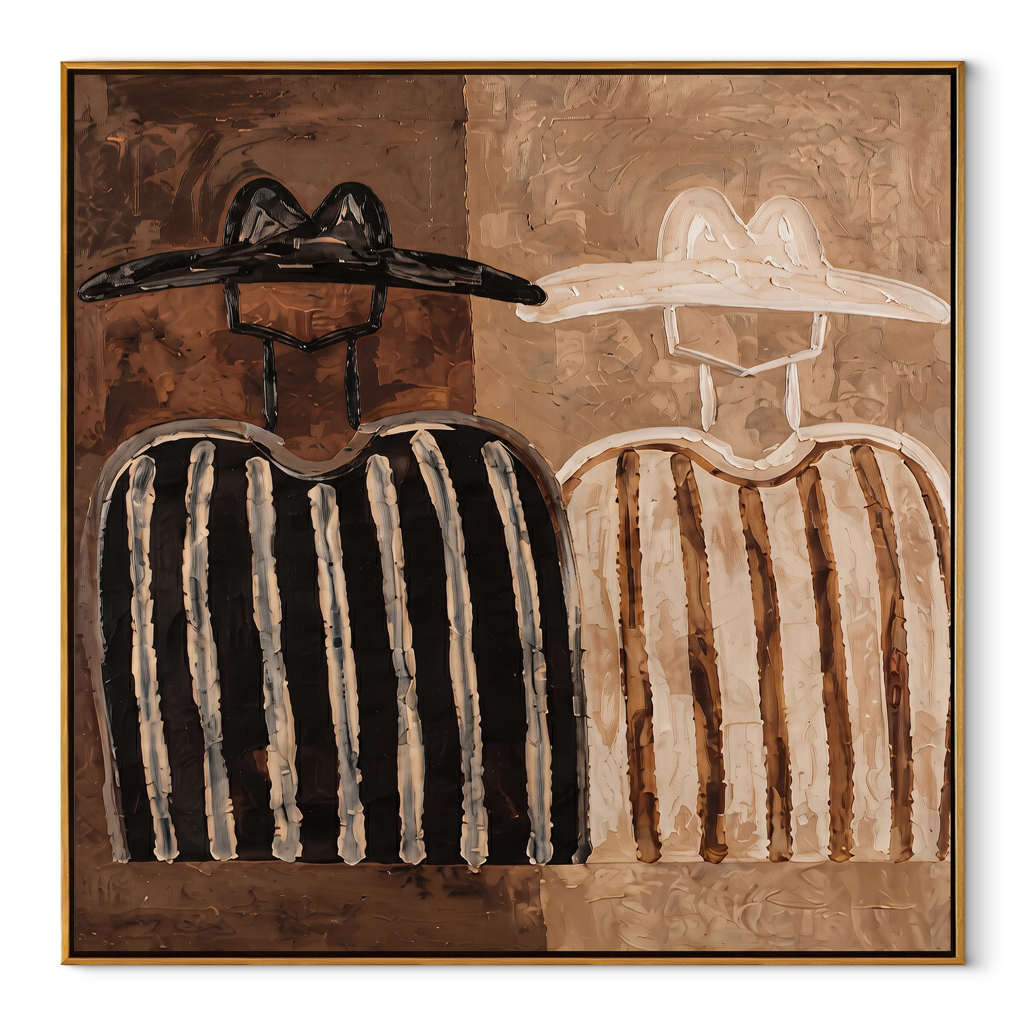 Two Shadows Trade Hats - earth tone figure pair painting by Elliot Vale, modern figurative square wall art - wood frame on white background