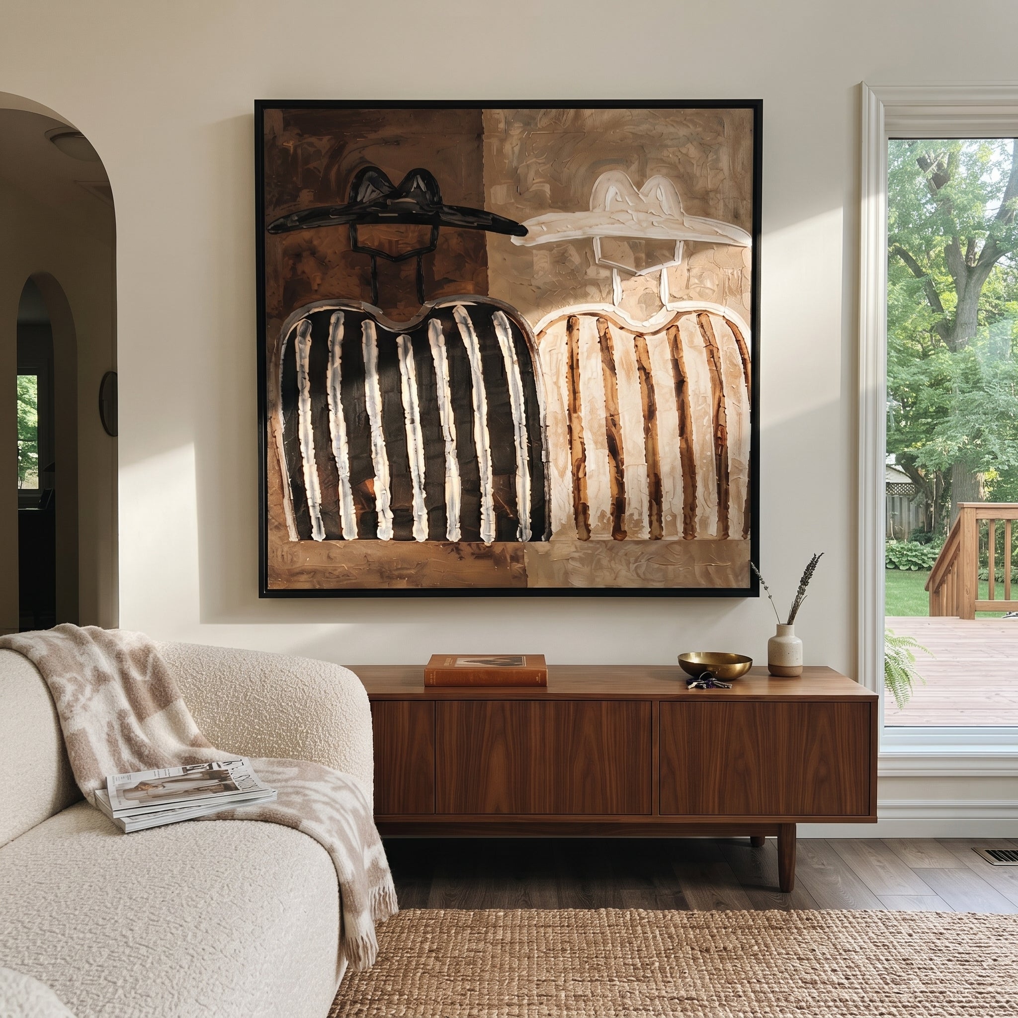 Two Shadows Trade Hats - earth tone figure pair painting by Elliot Vale, modern figurative square wall art - styled room scene view 2