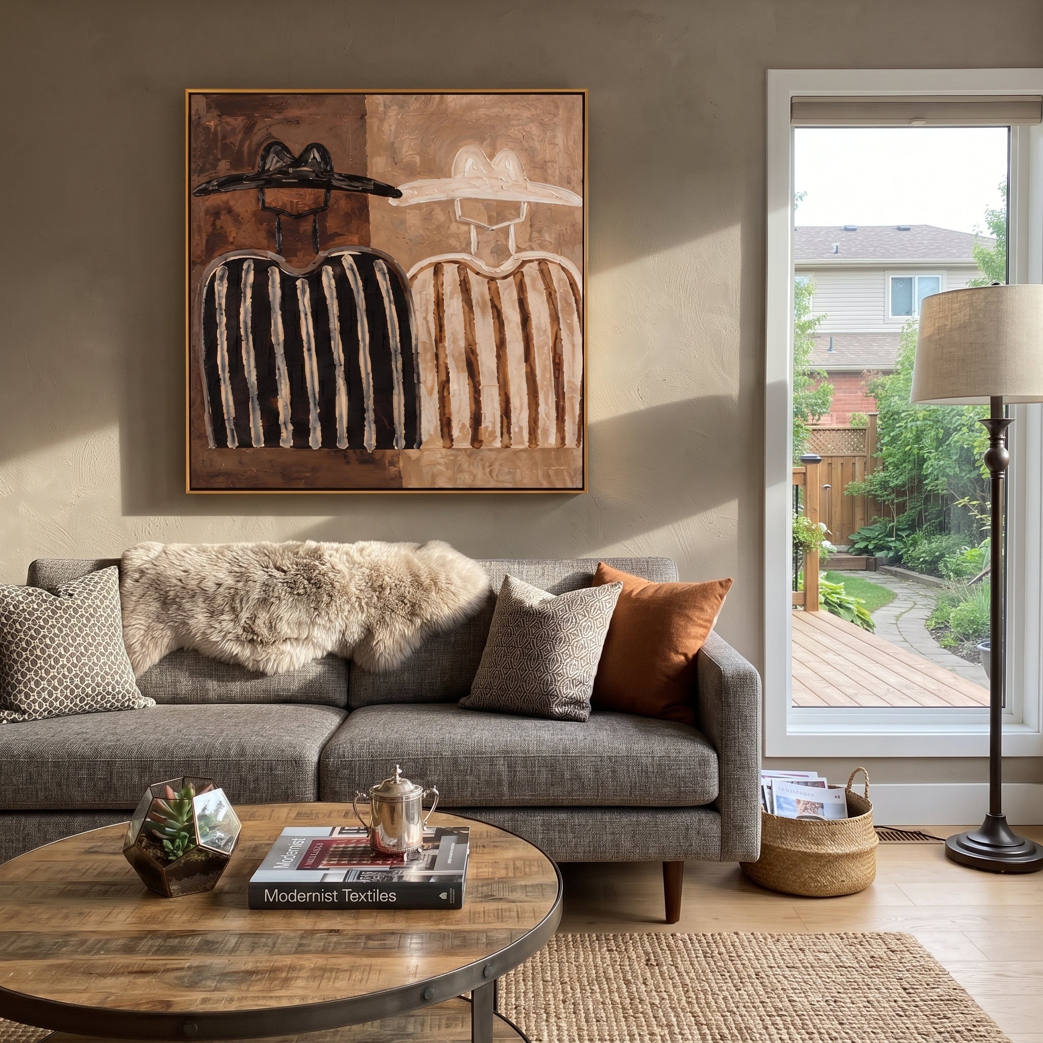 Two Shadows Trade Hats - earth tone figure pair painting by Elliot Vale, modern figurative square wall art - styled room scene view 3