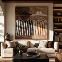 Two Shadows Trade Hats - earth tone figure pair painting by Elliot Vale, modern figurative square wall art - styled room scene view 5