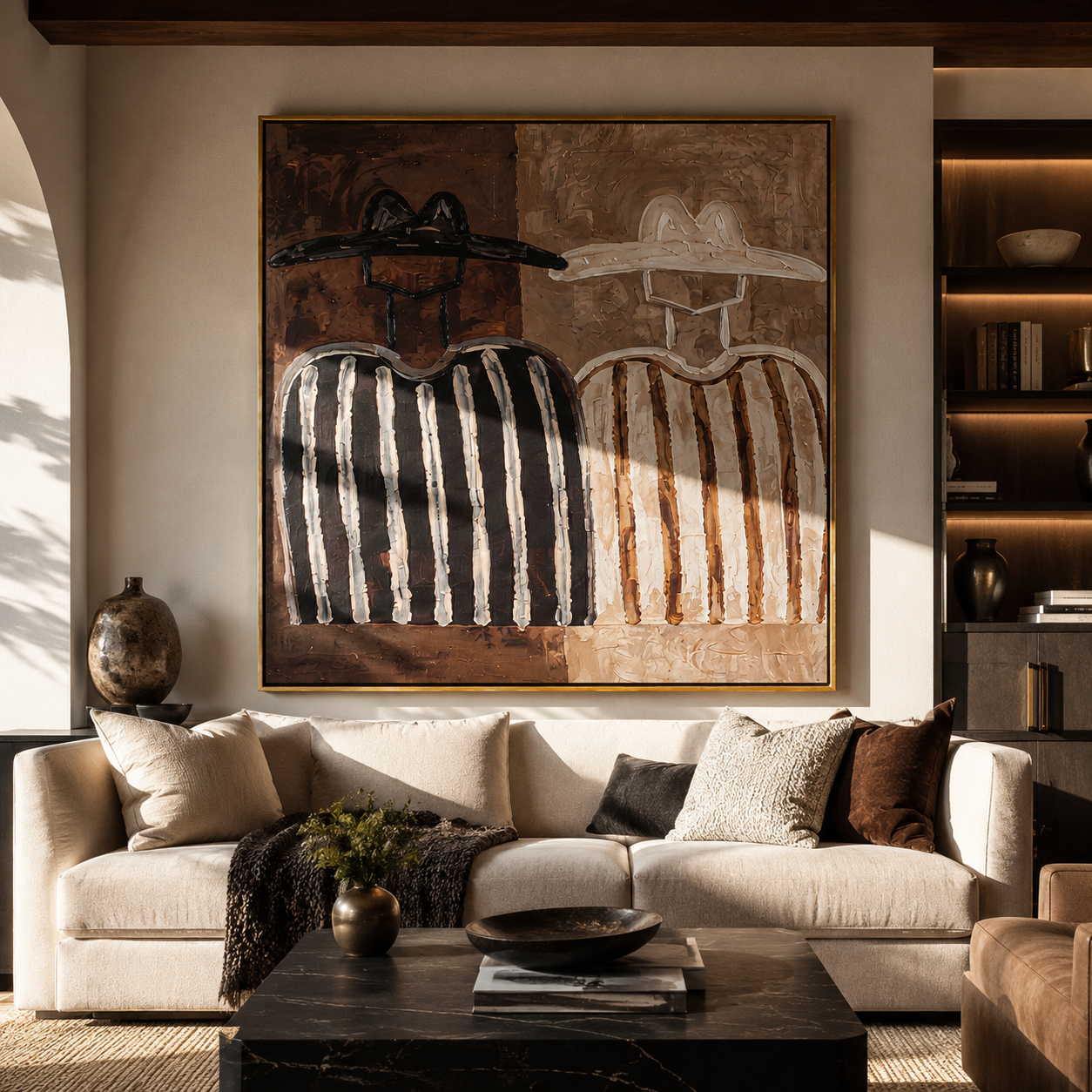 Two Shadows Trade Hats - earth tone figure pair painting by Elliot Vale, modern figurative square wall art - styled room scene view 5