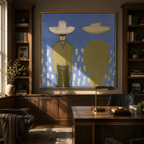 Green Shadow Follows Cowboy - cowboy shadow portrait painting by Elliot Vale, modern figurative square wall art - styled room scene view 1