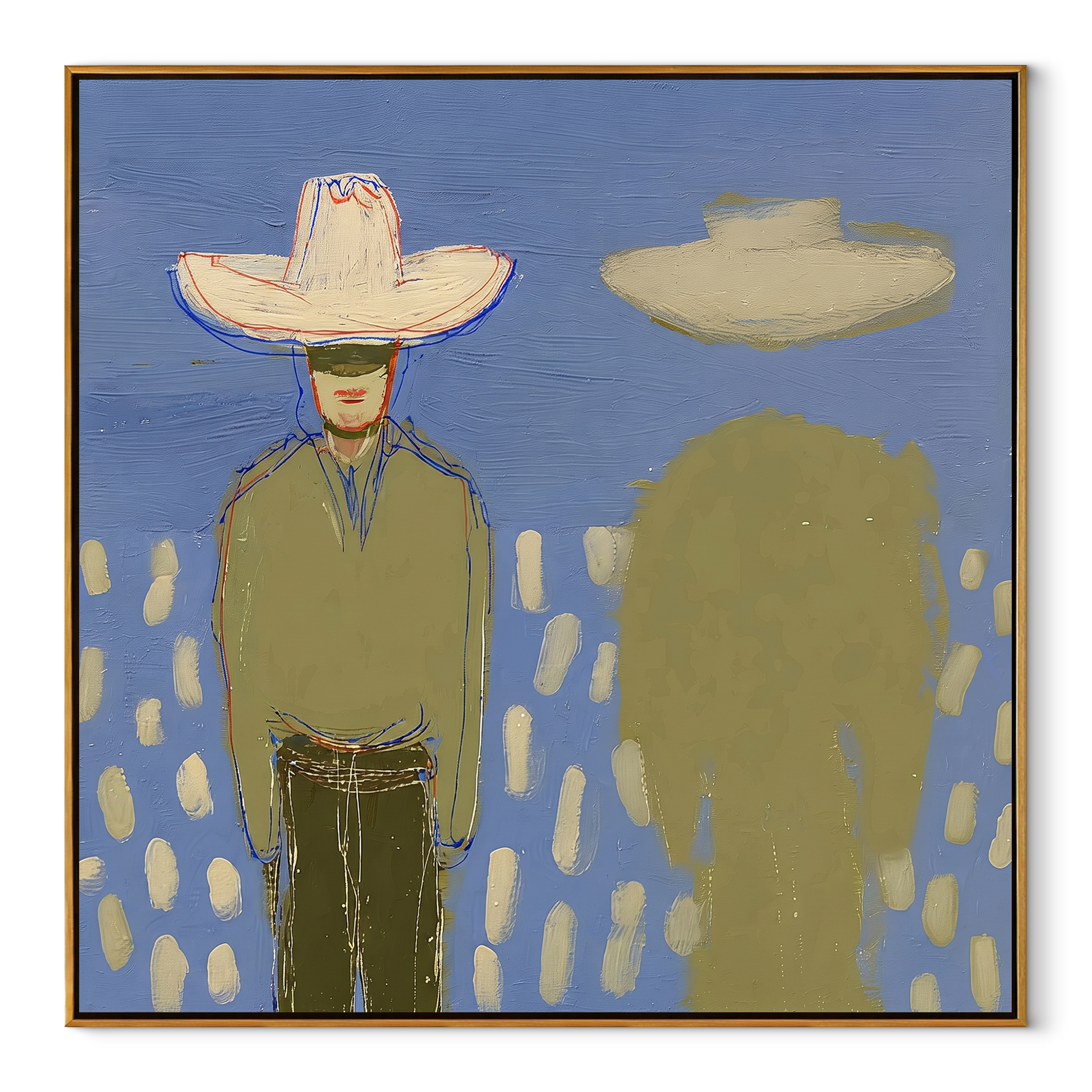 Green Shadow Follows Cowboy - cowboy shadow portrait painting by Elliot Vale, modern figurative square wall art - wood frame on white background