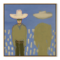 Green Shadow Follows Cowboy - cowboy shadow portrait painting by Elliot Vale, modern figurative square wall art - wood frame on white background