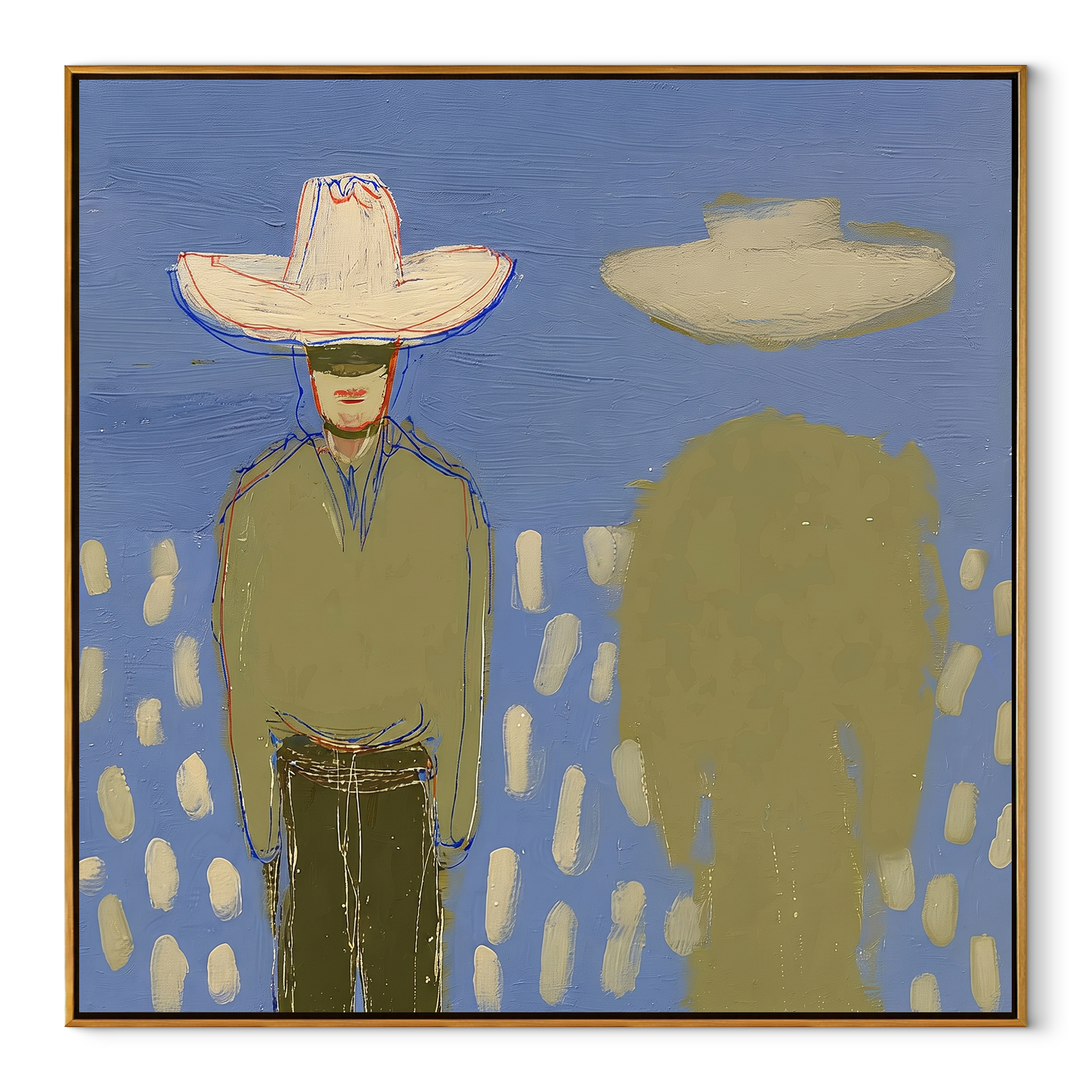 Green Shadow Follows Cowboy - cowboy shadow portrait painting by Elliot Vale, modern figurative square wall art - wood frame on white background