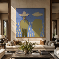 Green Shadow Follows Cowboy - cowboy shadow portrait painting by Elliot Vale, modern figurative square wall art - styled room scene view 2