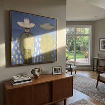 Green Shadow Follows Cowboy - cowboy shadow portrait painting by Elliot Vale, modern figurative square wall art - styled room scene view 3