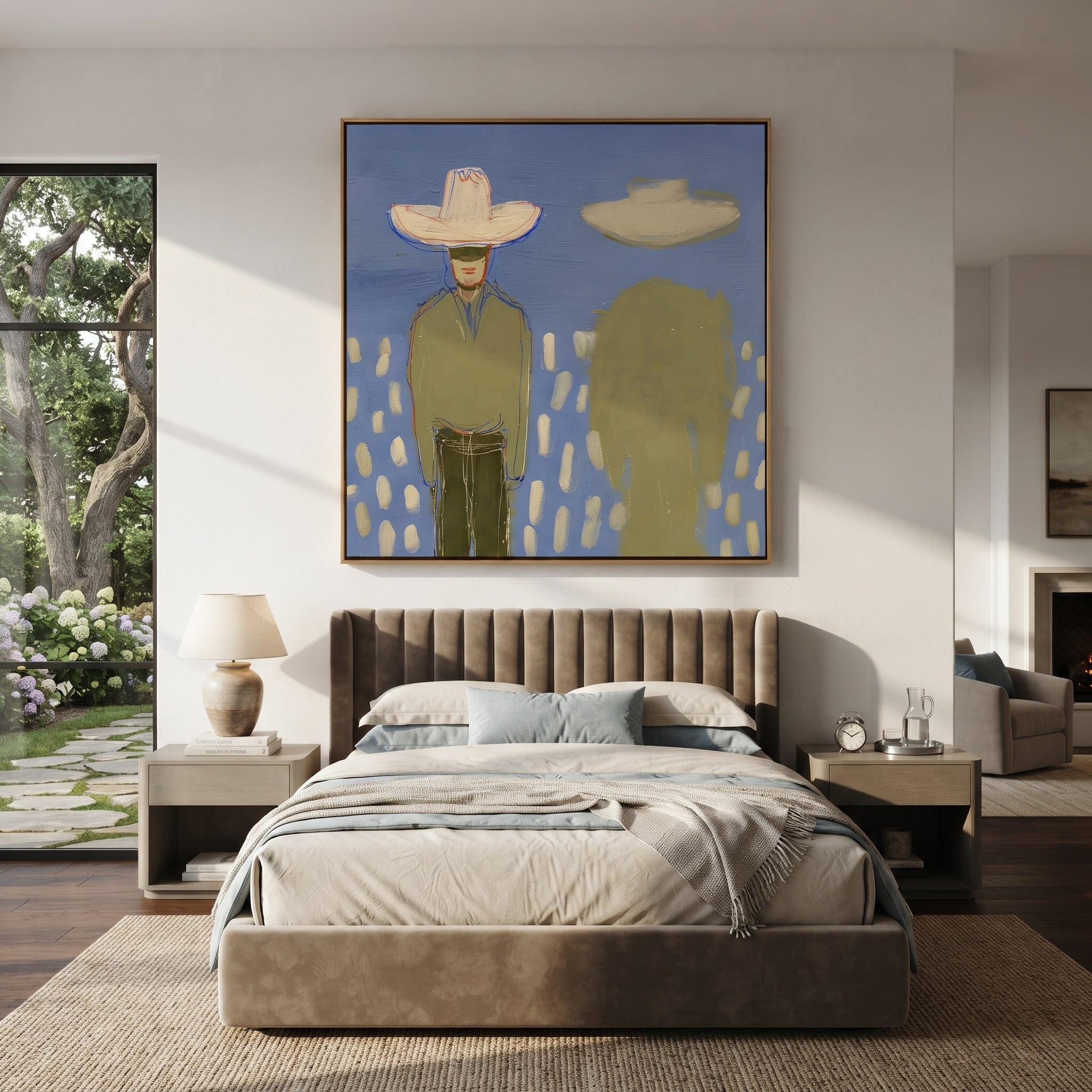 Green Shadow Follows Cowboy - cowboy shadow portrait painting by Elliot Vale, modern figurative square wall art - styled room scene view 4