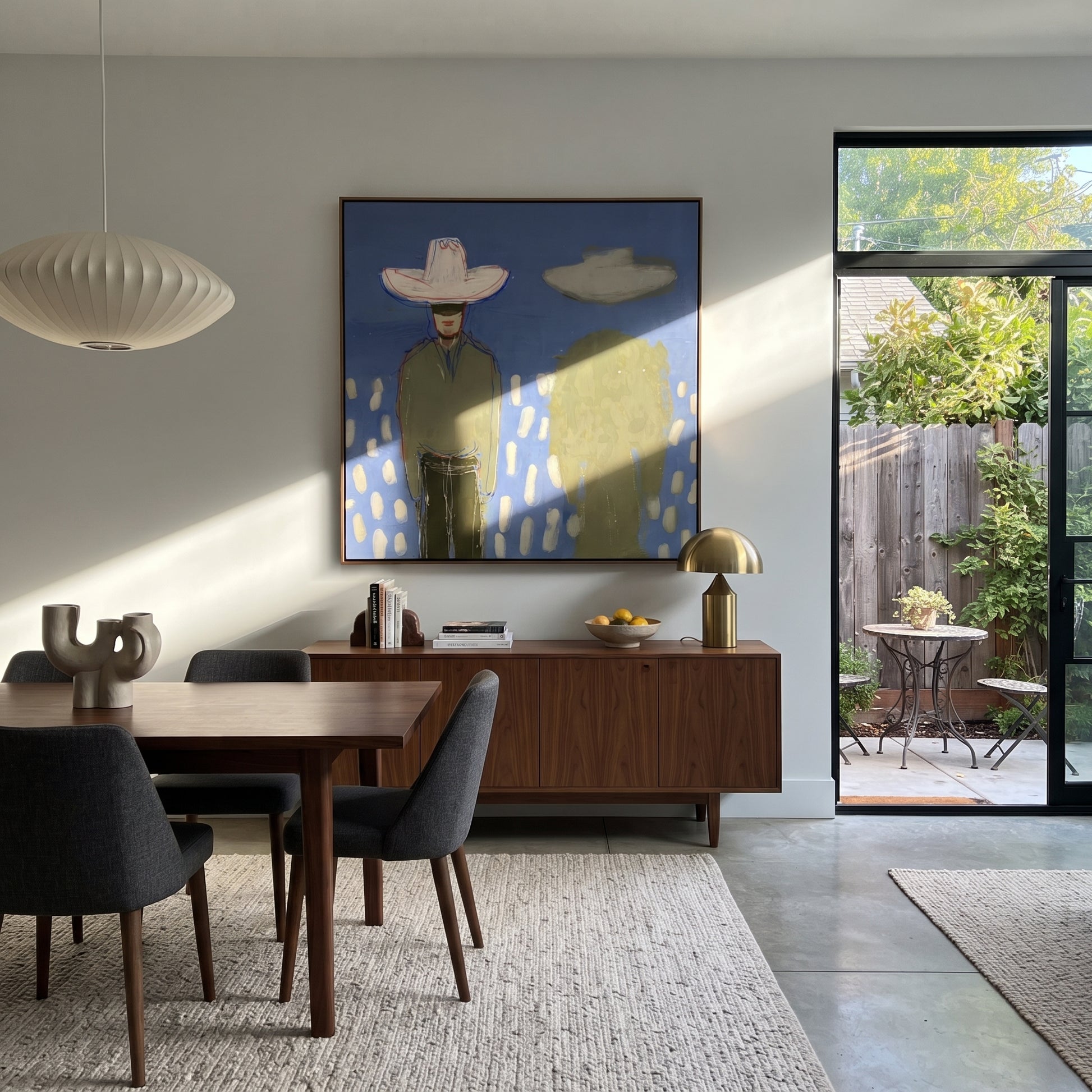 Green Shadow Follows Cowboy - cowboy shadow portrait painting by Elliot Vale, modern figurative square wall art - styled room scene view 5