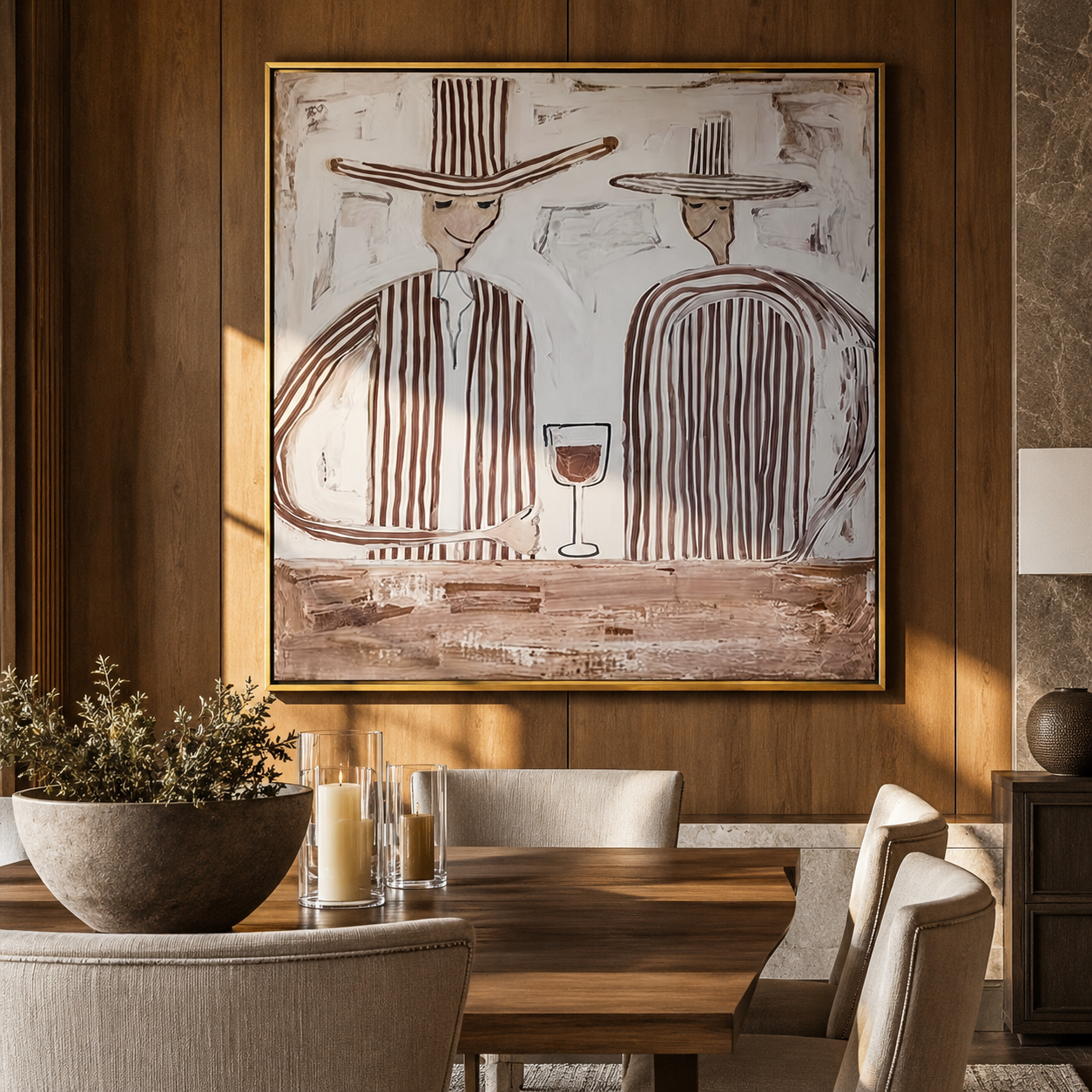 Wine Waits Between Stripes - striped wine pair painting by Elliot Vale, modern figurative square wall art - styled room scene view 1