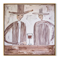 Wine Waits Between Stripes - striped wine pair painting by Elliot Vale, modern figurative square wall art - wood frame on white background