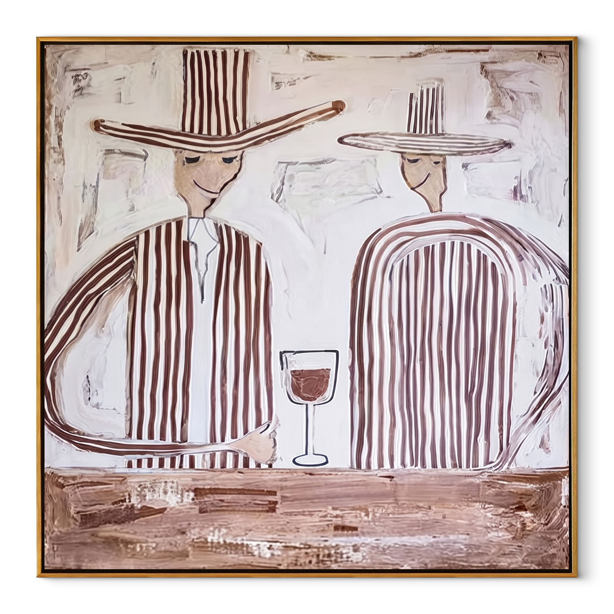Wine Waits Between Stripes - striped wine pair painting by Elliot Vale, modern figurative square wall art - wood frame on white background