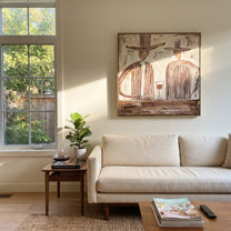 Wine Waits Between Stripes - striped wine pair painting by Elliot Vale, modern figurative square wall art - styled room scene view 2