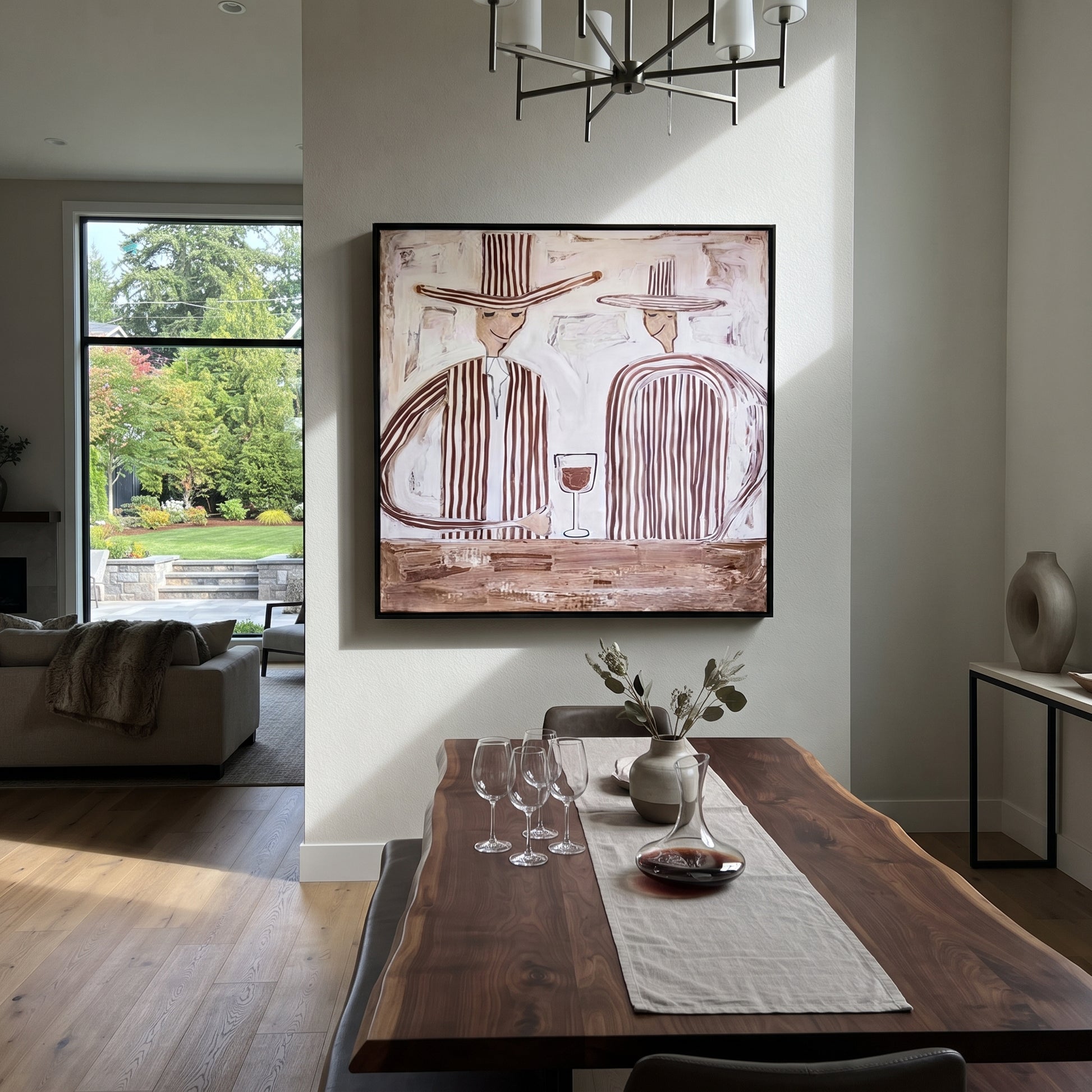 Wine Waits Between Stripes - striped wine pair painting by Elliot Vale, modern figurative square wall art - styled room scene view 3