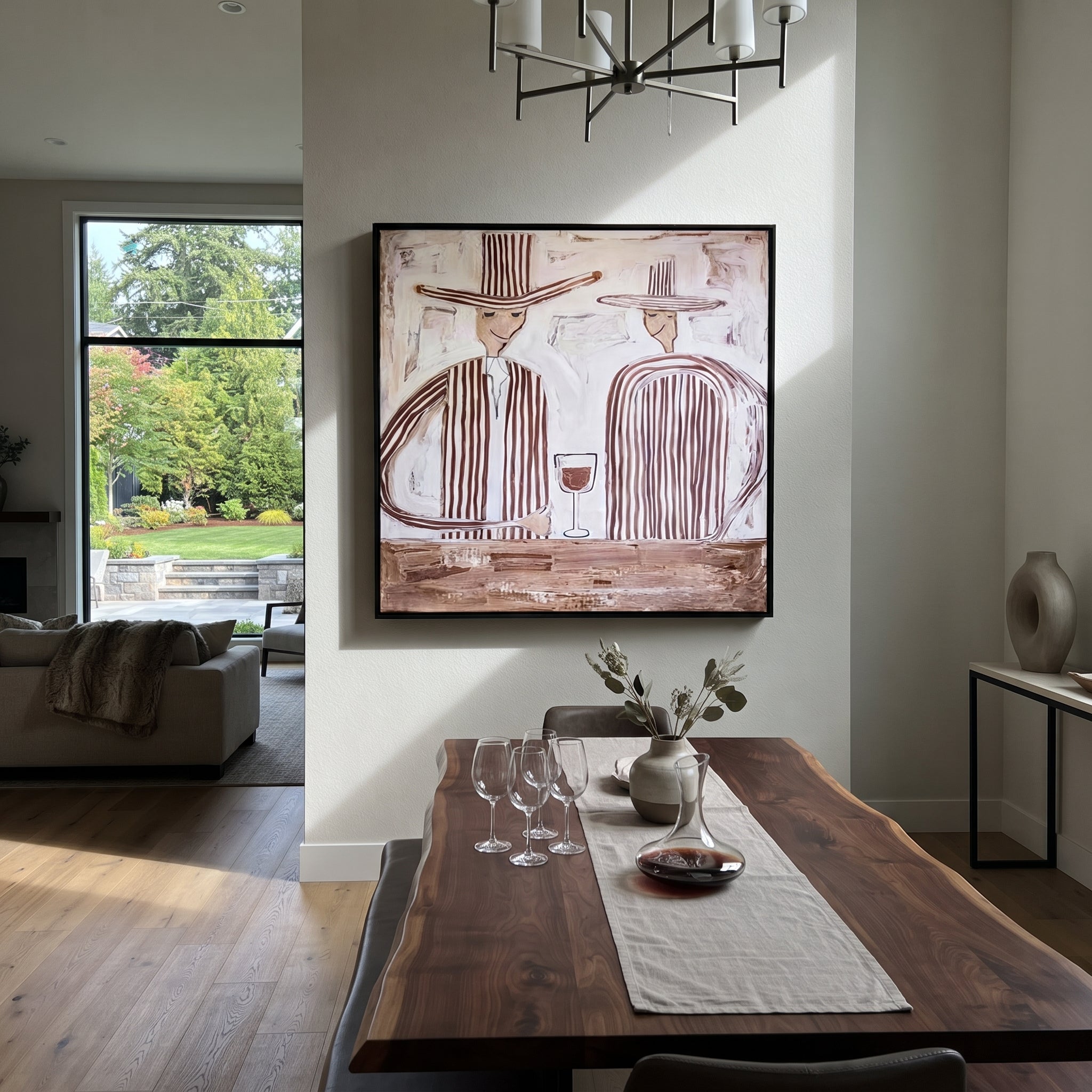 Wine Waits Between Stripes - striped wine pair painting by Elliot Vale, modern figurative square wall art - styled room scene view 3