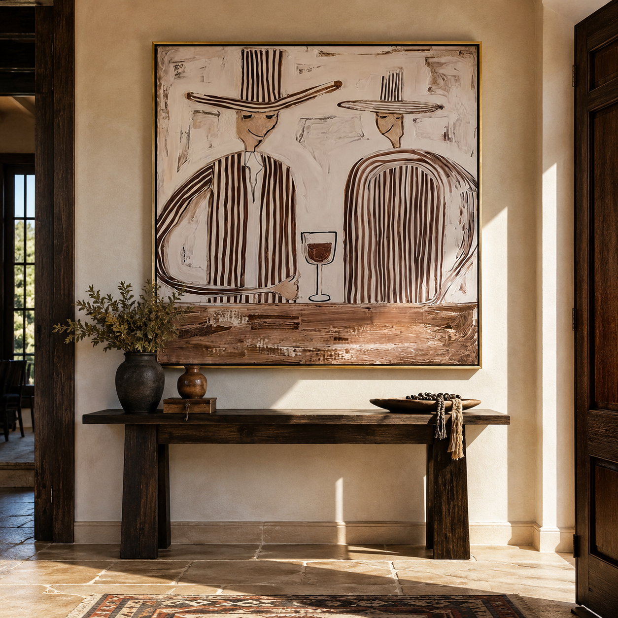 Wine Waits Between Stripes - striped wine pair painting by Elliot Vale, modern figurative square wall art - styled room scene view 4