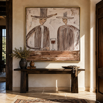 Wine Waits Between Stripes - striped wine pair painting by Elliot Vale, modern figurative square wall art - styled room scene view 4