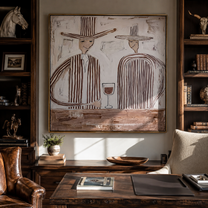 Wine Waits Between Stripes - striped wine pair painting by Elliot Vale, modern figurative square wall art - styled room scene view 5