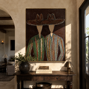 Brown Brims Span Green - green striped figure pair painting by Elliot Vale, modern figurative vertical wall art - styled room scene view 1