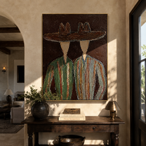 Brown Brims Span Green - green striped figure pair painting by Elliot Vale, modern figurative vertical wall art - styled room scene view 1