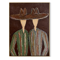 Brown Brims Span Green - green striped figure pair painting by Elliot Vale, modern figurative vertical wall art - wood frame on white background
